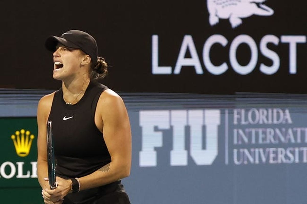 Mar 23, 2024; Miami Gardens, FL, USA; Aryna Sabalenka reacts against Anhelina Kalinina (UKR) (not pictured) on day six of the Miami Open at Hard Rock Stadium. Mandatory Credit: Geoff Burke-USA TODAY Sports