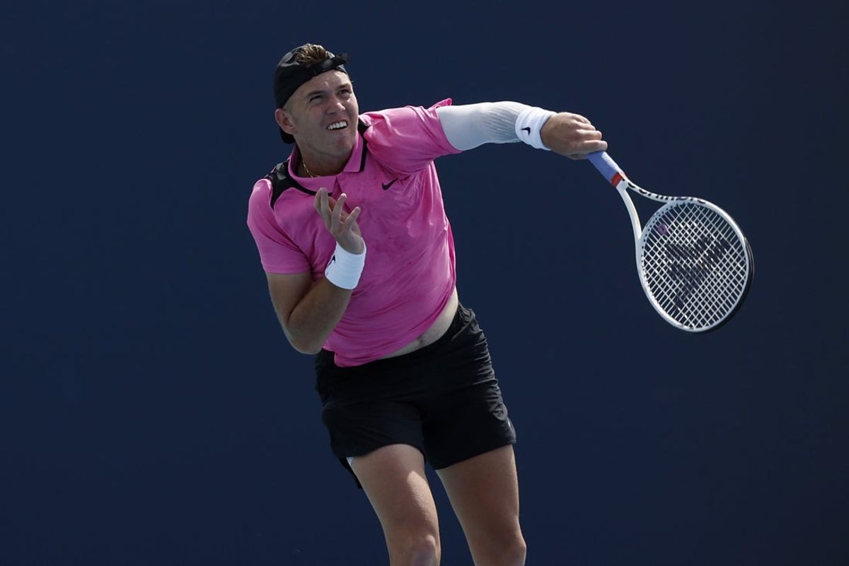 Mar 23, 2024; Miami Gardens, FL, USA; Martin Damm Jr. (USA) serves against Tommy Paul (USA)(not pictured) on day six of the Miami Open at Hard Rock Stadium. Mandatory Credit: Geoff Burke-Imagn Images