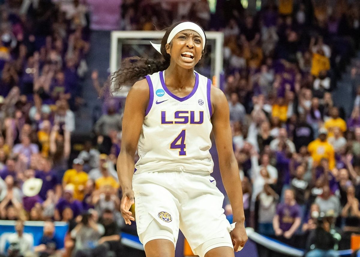 Flau'jae Johnson of the LSU Tigers takes down the Middle Tennessee Blue Raiders in the second round of the 2024 NCAA Tournament in Baton Rouge, LA at the Pete Maravich Assembly Center. Sunday, March 24, 2024.
