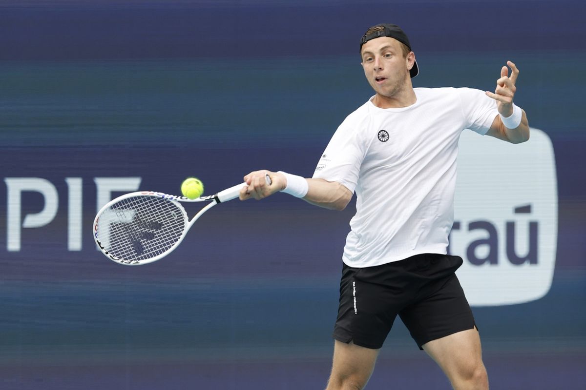 Mar 24, 2024; Miami Gardens, FL, USA; Tallon Griekspoor (NED) hits a forehand against Jannik Sinner (ITA) (not pictured) on day seven of the Miami Open at Hard Rock Stadium. Mandatory Credit: Geoff Burke-Imagn Images