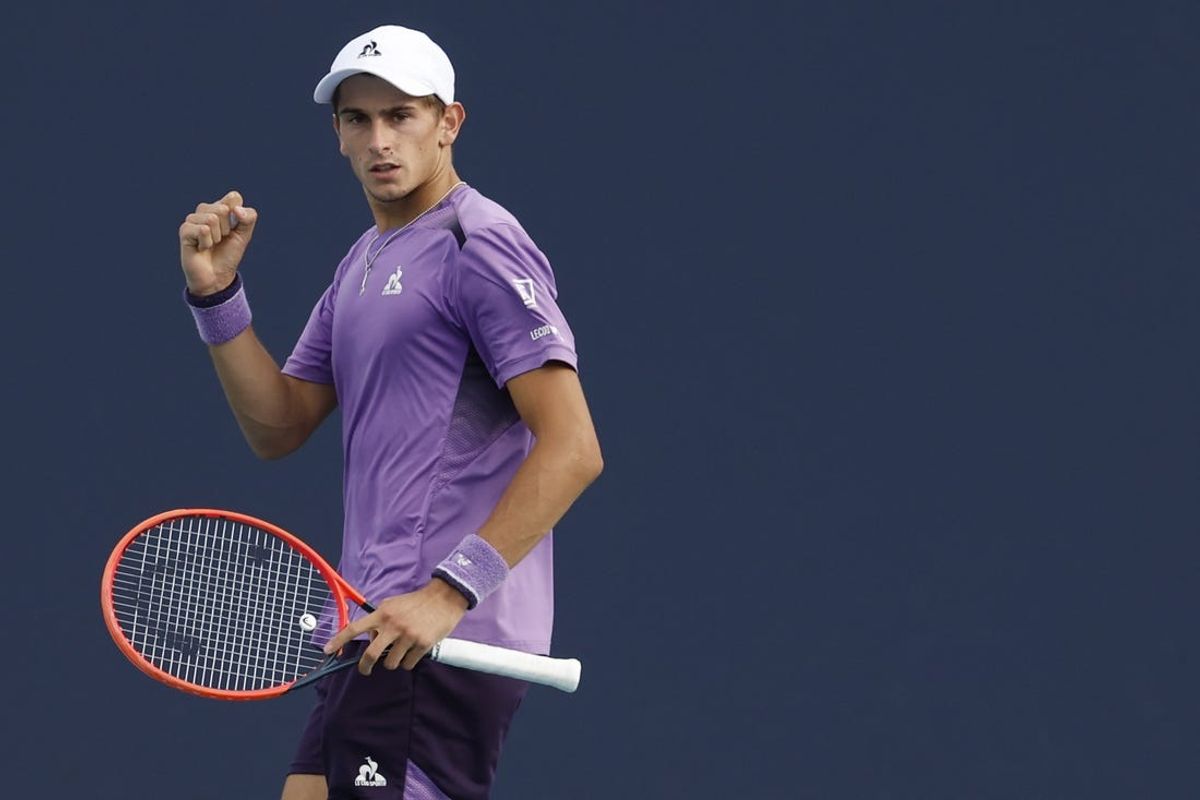 Mar 24, 2024; Miami Gardens, FL, USA; Matteo Arnaldi (ITA) reacts after winning a point against Denis Shapovalov (CAN) (not pictured) on day seven of the Miami Open at Hard Rock Stadium. Mandatory Credit: Geoff Burke-USA TODAY Sports