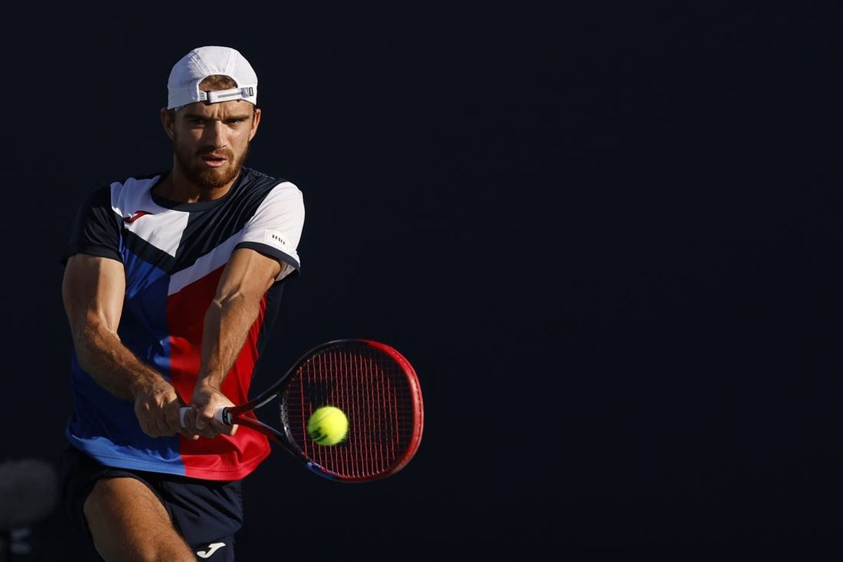 Mar 24, 2024; Miami Gardens, FL, USA; Tomas Machac (CZE) hits a backhand against Andy Murray (GBR) (not pictured) on day seven of the Miami Open at Hard Rock Stadium. Mandatory Credit: Geoff Burke-USA TODAY Sports