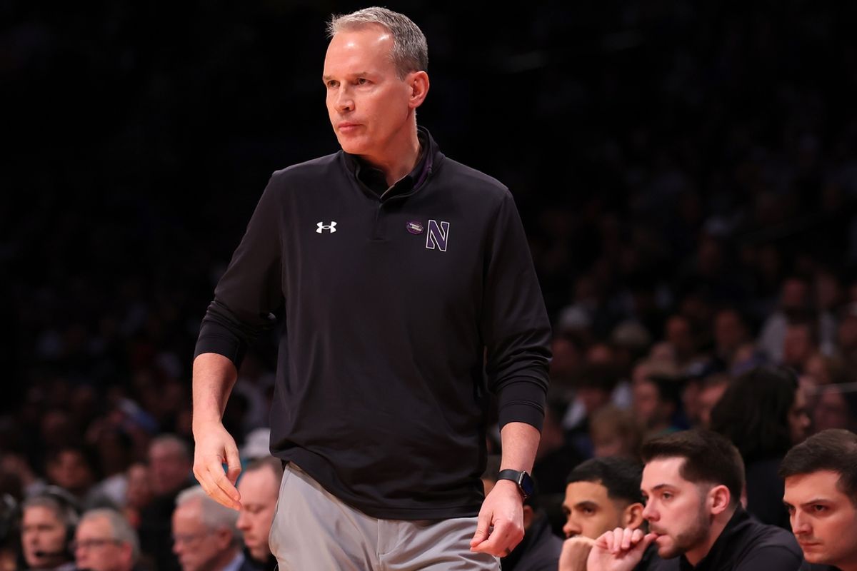 Mar 24, 2024; Brooklyn, NY, USA; Northwestern Wildcats head coach Chris Collins against the Connecticut Huskies in the second round of the 2024 NCAA Tournament at the Barclays Center. Mandatory Credit: Brad Penner-Imagn Images