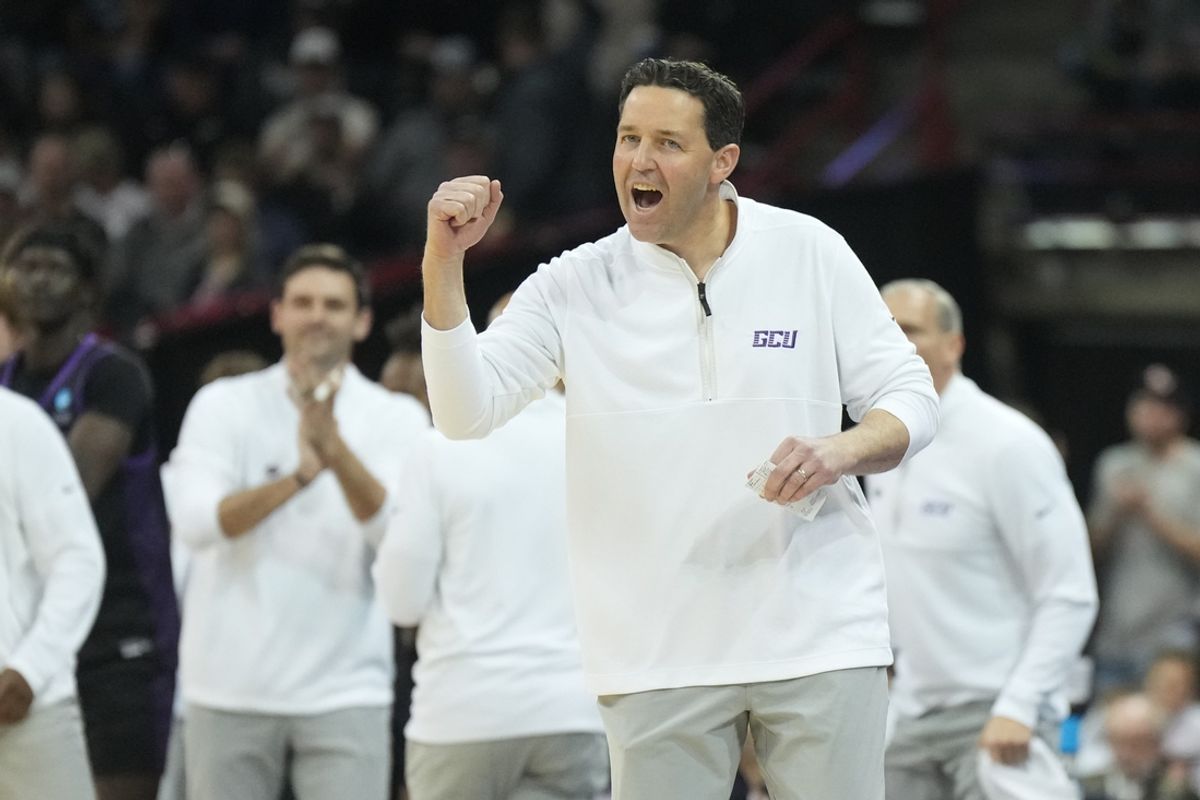 Mar 24, 2024; Spokane, WA, USA; Grand Canyon Antelopes head coach Bryce Drew reacts in the second half against the Alabama Crimson Tide at Spokane Veterans Memorial Arena. Mandatory Credit: Kirby Lee-Imagn Images