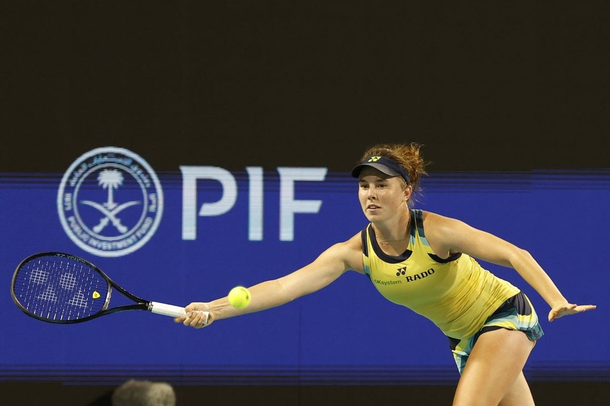 Mar 24, 2024; Miami Gardens, FL, USA; Linda Noskova (CZE) reaches for a forehand against Iga Swiatek (POL) (not pictured) on day seven of the Miami Open at Hard Rock Stadium. Mandatory Credit: Geoff Burke-Imagn Images