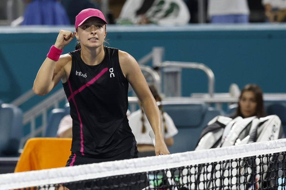 Mar 24, 2024; Miami Gardens, FL, USA; Iga Swiatek (POL) celebrates after her match against Linda Noskova (CZE) (not pictured) on day seven of the Miami Open at Hard Rock Stadium. Mandatory Credit: Geoff Burke-USA TODAY Sports