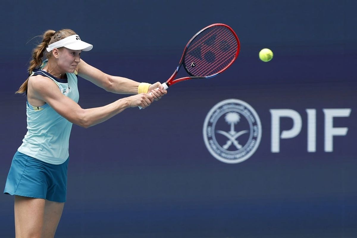 Mar 25, 2024; Miami Gardens, FL, USA; Elena Rybakina (KAZ) hits a backhand against Madison Keys (USA) (not pictured) on day eight of the Miami Open at Hard Rock Stadium. Mandatory Credit: Geoff Burke-USA TODAY Sports