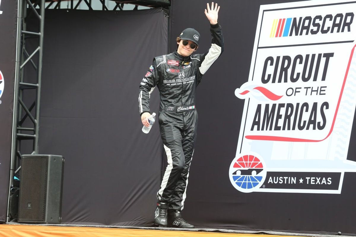 Mar 23, 2024; Austin, Texas, USA;  NASCAR Truck Series driver Vicente Salas (20) during driver introductions before the XPEL 225 at Circuit of the Americas. Mandatory Credit: Michael C. Johnson-USA TODAY Sports