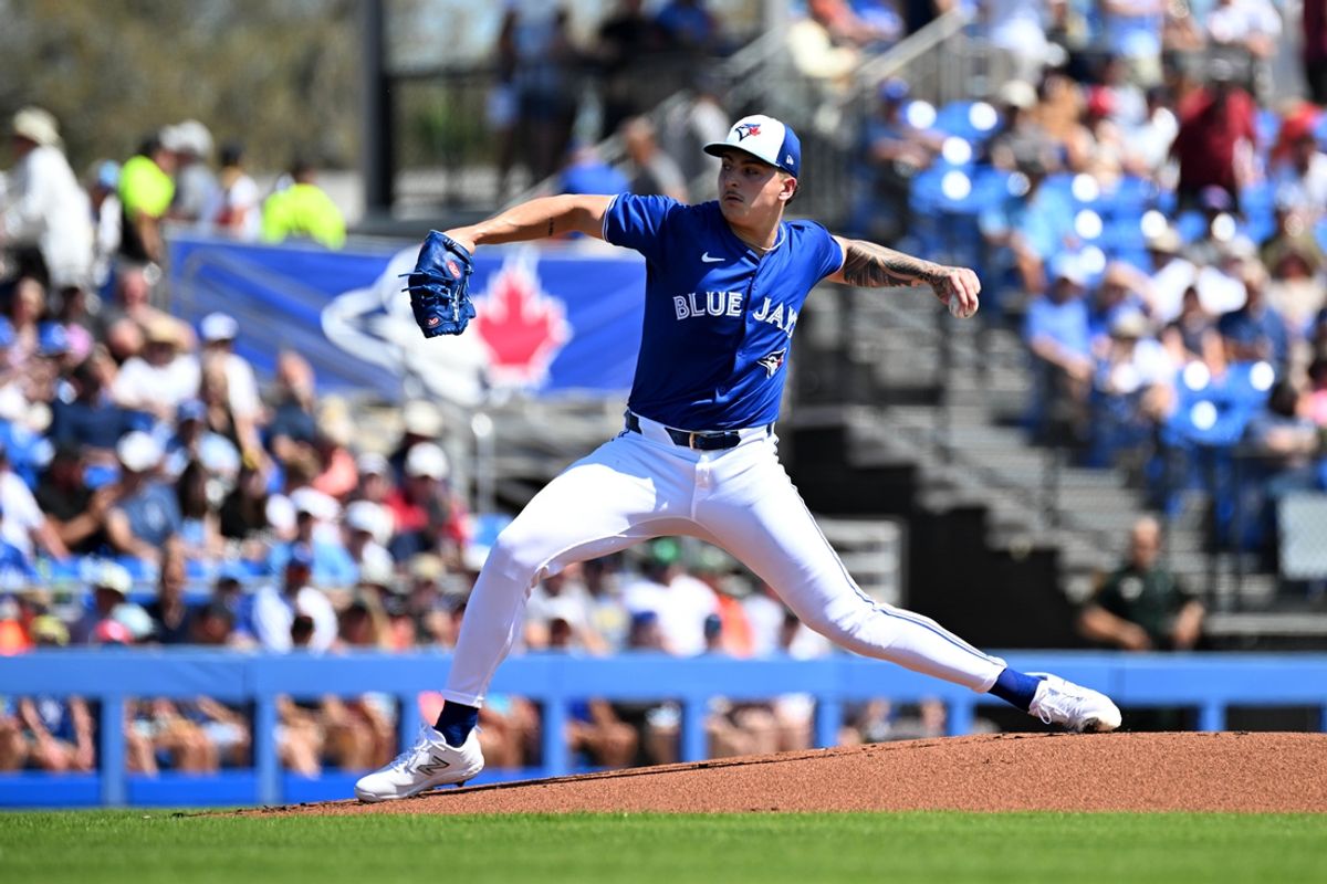 Mar 15, 2024; Dunedin, Florida, USA; Toronto Blue Jays pitcher Ricky Tiedemann (70) throws a pitch in the first inning of the spring training game against the Detroit Tigers at TD Ballpark. Mandatory Credit: Jonathan Dyer-USA TODAY Sports