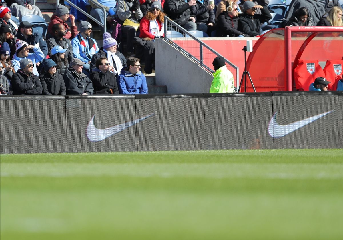 Mar 23, 2024; Bridgeview, Illinois, USA; A general view of Nike logos on the field boards during a match between the Chicago Red Stars and the Seattle Reign at SeatGeek Stadium. Mandatory Credit: Melissa Tamez-USA TODAY Sports