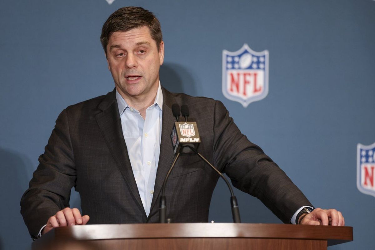 Mar 26, 2024; Orlando, FL, USA;   NFL executive vice president and chief of media and business officer Brian Rolapp speaks to media during the annual league meetings at the JW Marriott. Mandatory Credit: Nathan Ray Seebeck-Imagn Images