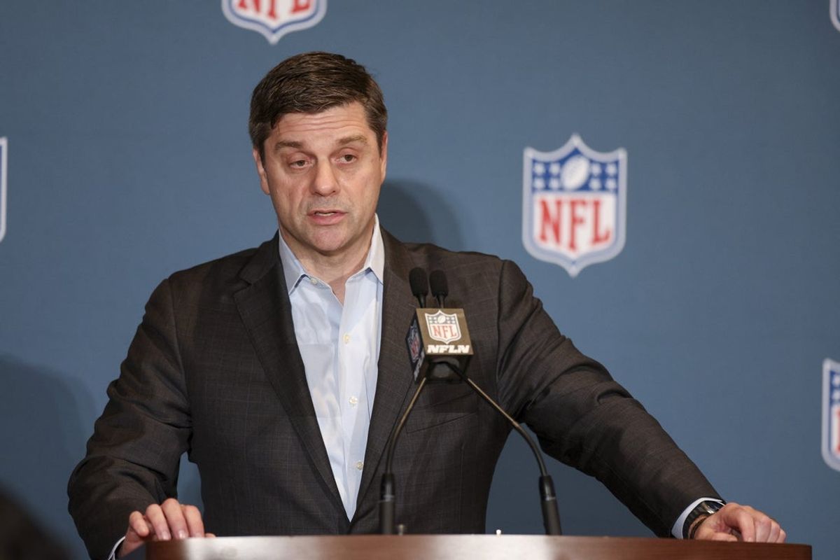 Mar 26, 2024; Orlando, FL, USA;   NFL executive vice president and chief of media and business officer Brian Rolapp speaks to media during the annual league meetings at the JW Marriott. Mandatory Credit: Nathan Ray Seebeck-Imagn Images