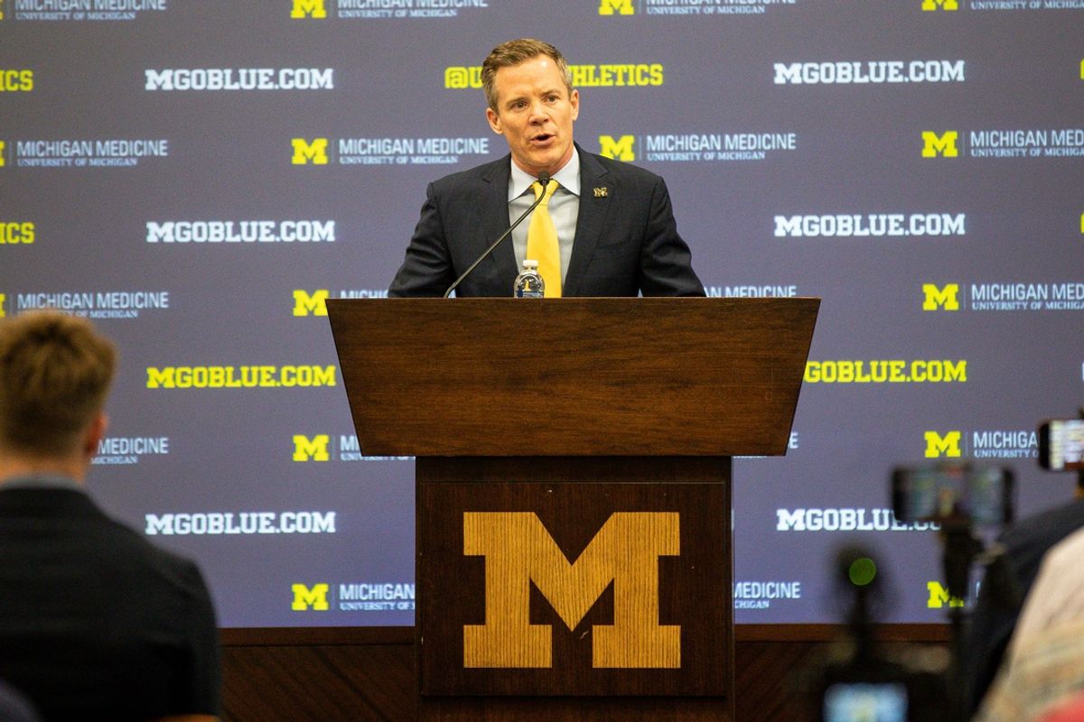 U-M's new men's basketball head coach Dusty May speaks during introductory press conference at Junge Family Champions Center in Ann Arbor on Tuesday, March 26, 2024.