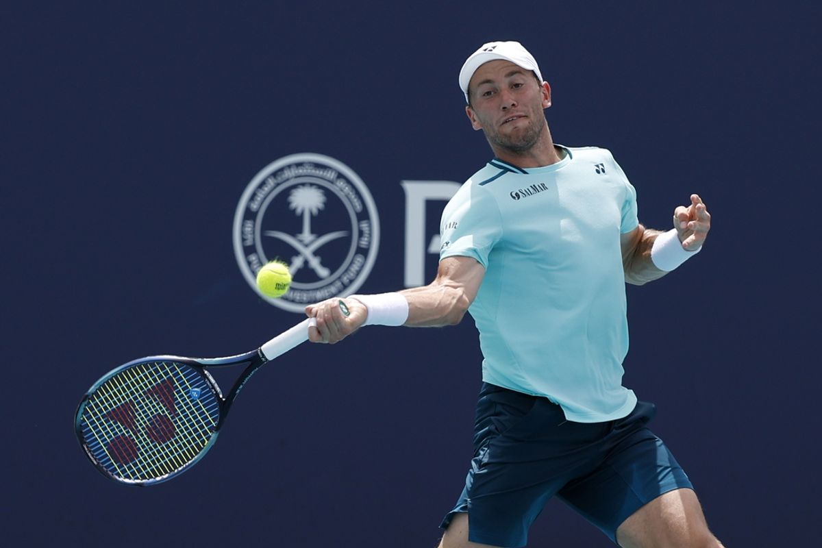 Mar 26, 2024; Miami Gardens, FL, USA; Casper Ruud (NOR) hits a forehand against Nicolas Jarry (CHI) (not pictured) on day nine of the Miami Open at Hard Rock Stadium. Mandatory Credit: Geoff Burke-USA TODAY Sports