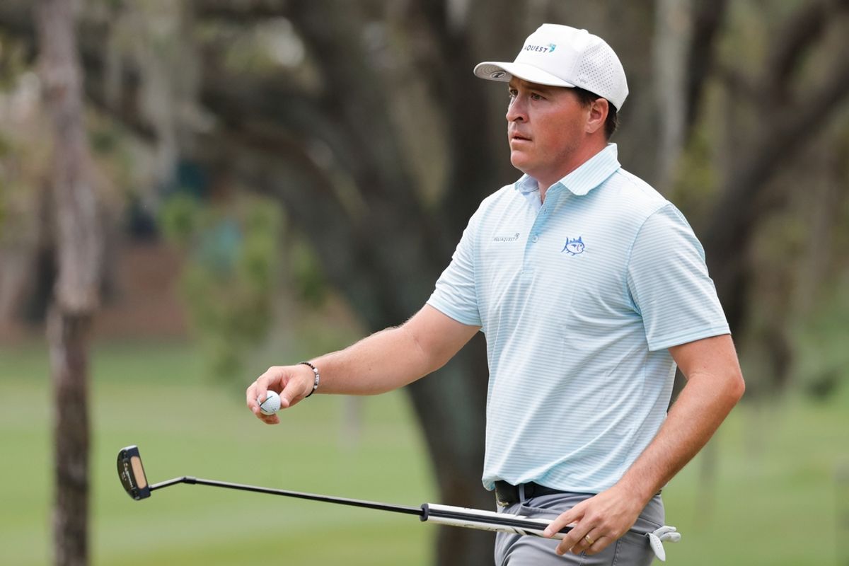 Mar 24, 2024; Palm Harbor, Florida, USA; Kevin Roy walks off of the second green during the final round of the Valspar Championship golf tournament. Mandatory Credit: Reinhold Matay-Imagn Images