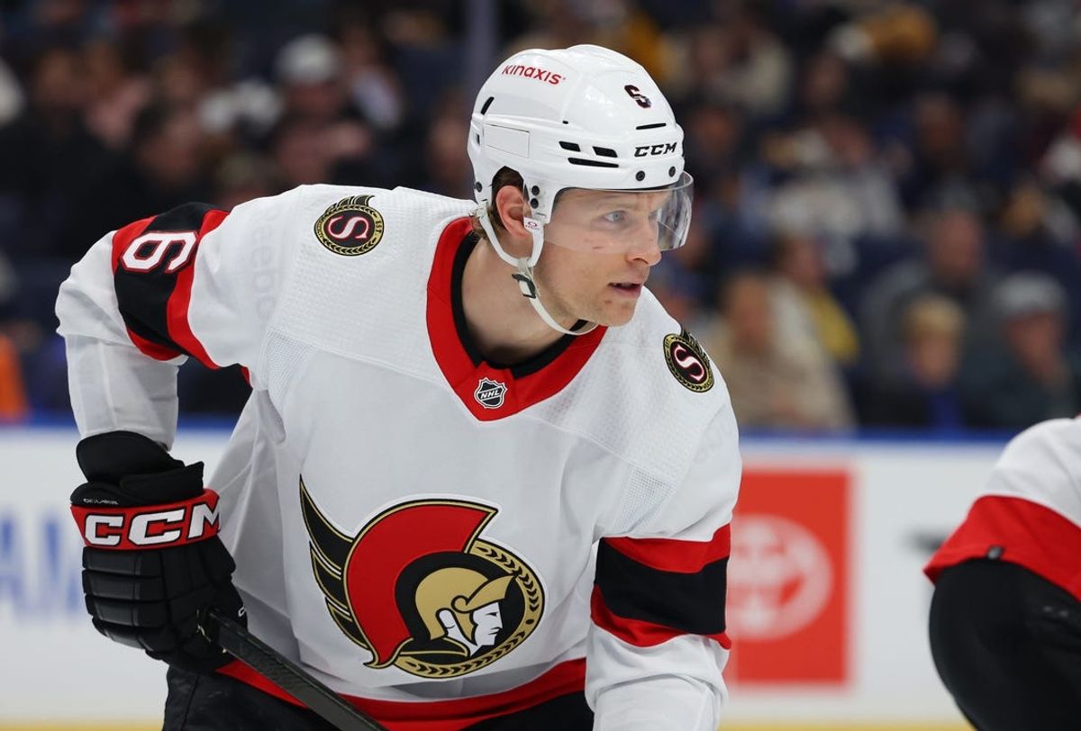 Mar 27, 2024; Buffalo, New York, USA;  Ottawa Senators defenseman Jakob Chychrun (6) waits for the face-off during the first period against the Buffalo Sabres at KeyBank Center. Mandatory Credit: Timothy T. Ludwig-USA TODAY Sports