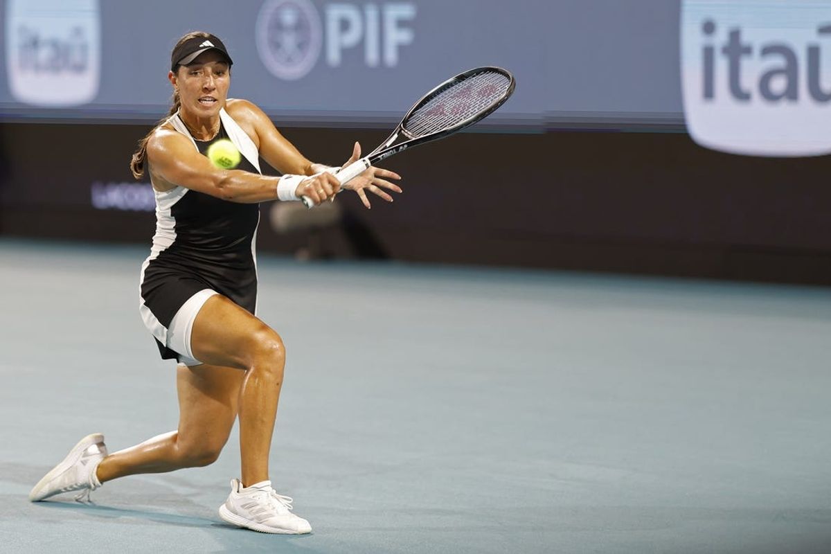 Mar 27, 2024; Miami Gardens, FL, USA; Jessica Pegula (USA) hits a backhand against Ekaterina Alexandrova (not pictured) on day ten of the Miami Open at Hard Rock Stadium. Mandatory Credit: Geoff Burke-USA TODAY Sports