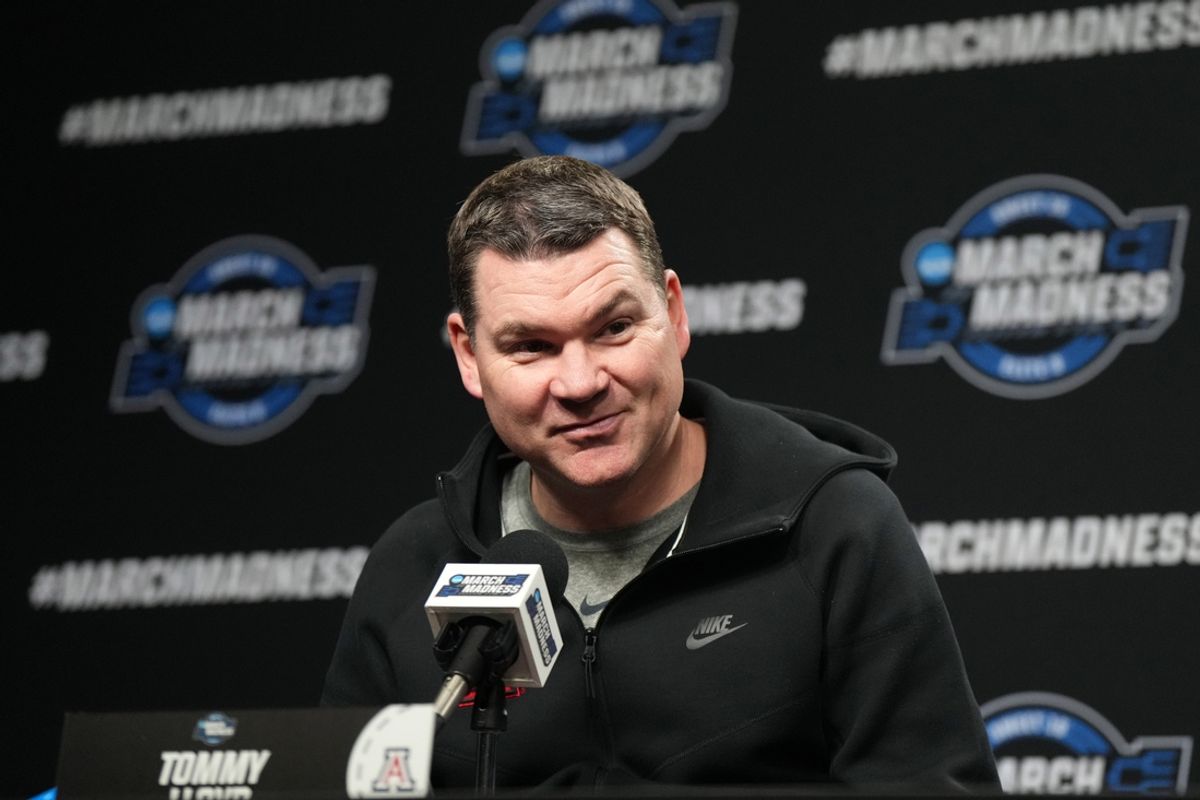 Mar 27, 2024; Los Angeles, CA, USA; Arizona Wildcats coach Tommy Lloyd during a press conference prior to NCAA Tournament at West Regional at Crypto.com Arena. Mandatory Credit: Kirby Lee-Imagn Images