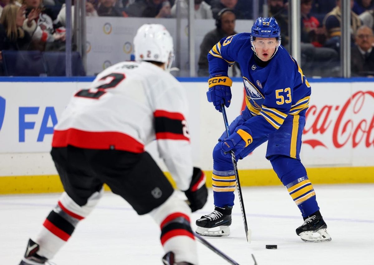 Mar 27, 2024; Buffalo, New York, USA;  Buffalo Sabres left wing Jeff Skinner (53) looks to make a pass during the third period against the Ottawa Senators at KeyBank Center. Mandatory Credit: Timothy T. Ludwig-USA TODAY Sports