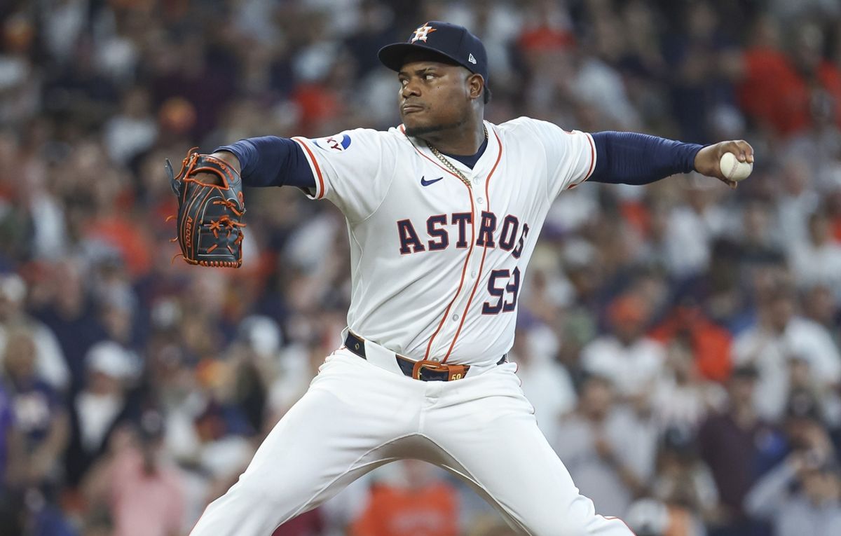 Mar 28, 2024; Houston, Texas, USA; Houston Astros starting pitcher Framber Valdez (59) delivers a pitch during the first inning against the New York Yankees at Minute Maid Park. Mandatory Credit: Troy Taormina-Imagn Images