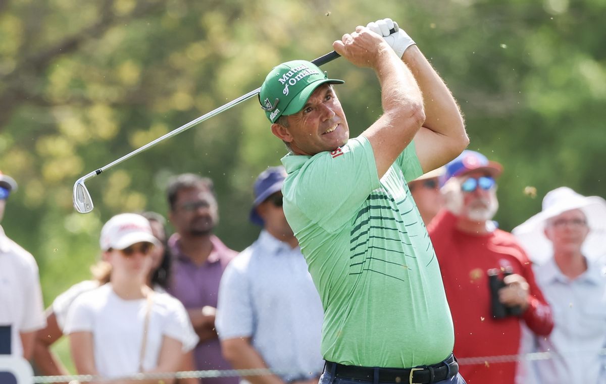 Mar 28, 2024; Houston, Texas, USA;  Padraig Harrington (IRE) drives off of the the ninth tee during the first round of the Texas Children's Houston Open golf tournament. Mandatory Credit: Thomas Shea-Imagn Images