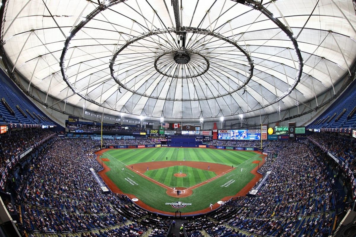 Mar 28, 2024; St. Petersburg, Florida, USA; A general view of Tropicana Field during the fifth inning on opening day between the Toronto Blue Jays and Tampa Bay Rays. Mandatory Credit: Kim Klement Neitzel-USA TODAY Sports