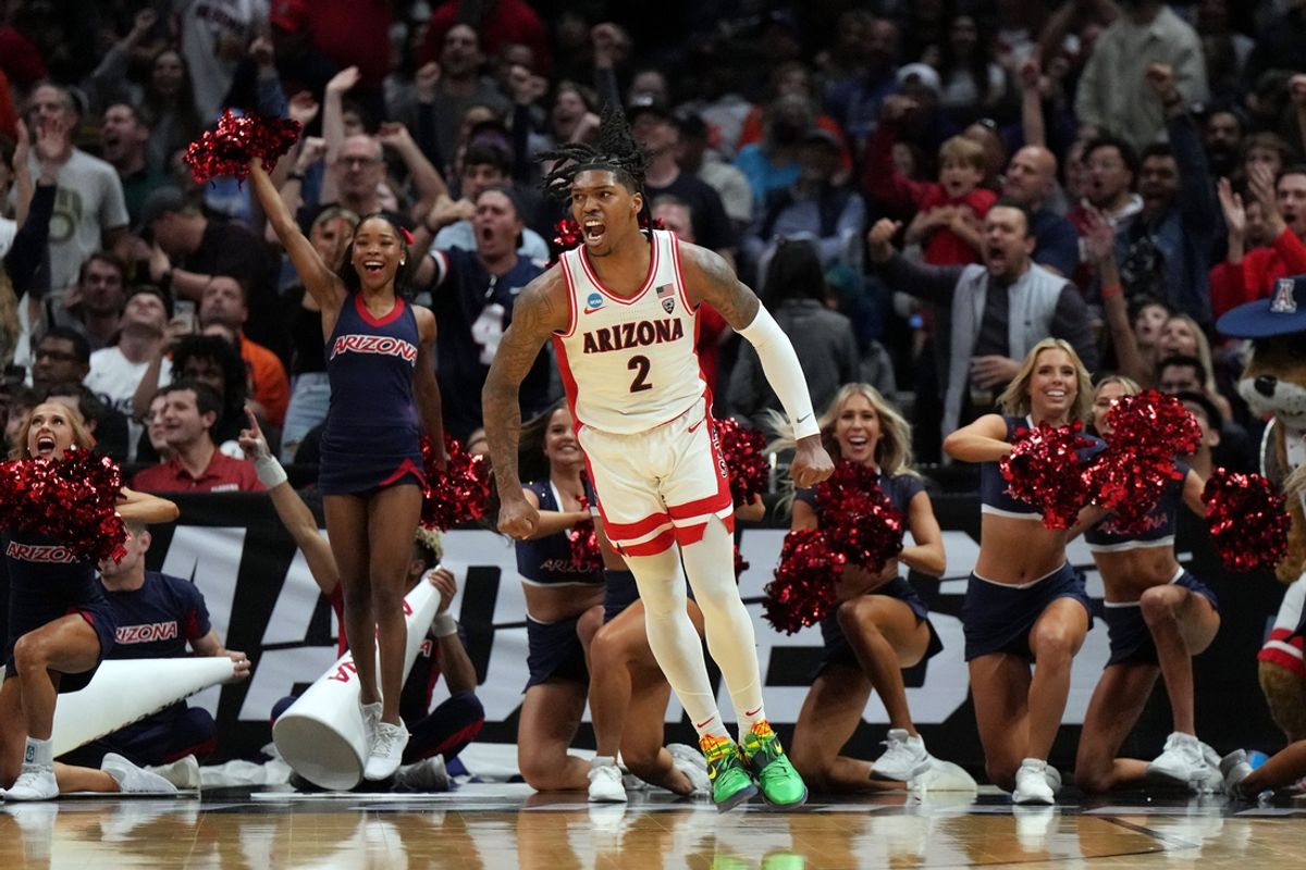 Mar 28, 2024; Los Angeles, CA, USA; Arizona Wildcats guard Caleb Love (2) celebrates in the second half against the Clemson Tigers in the semifinals of the West Regional of the 2024 NCAA Tournament at Crypto.com Arena. Mandatory Credit: Kirby Lee-Imagn Images