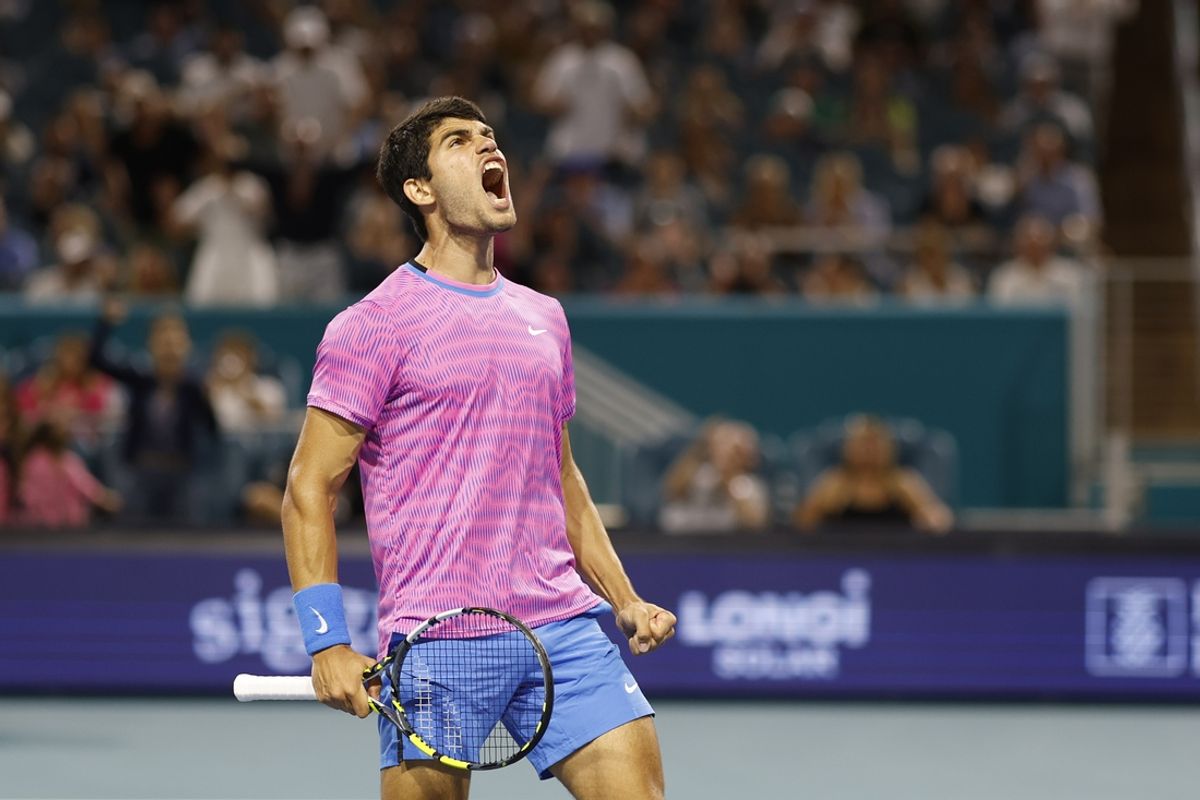 Mar 28, 2024; Miami Gardens, FL, USA; Carlos Alcaraz (ESP) celebrates after winning a game against Grigor Dmitrov (BUL) (not pictured) on day eleven of the Miami Open at Hard Rock Stadium. Mandatory Credit: Geoff Burke-Imagn Images