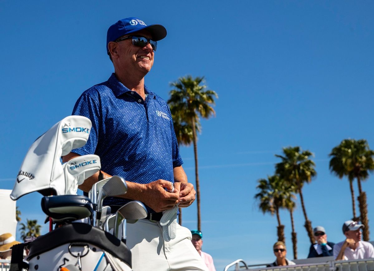 Michael Wright smiles while waiting for his tee time on 10 to start the first round of The Galleri Classic at Mission Hills Country Club in Rancho Mirage, Calif., Friday, March 29, 2024.