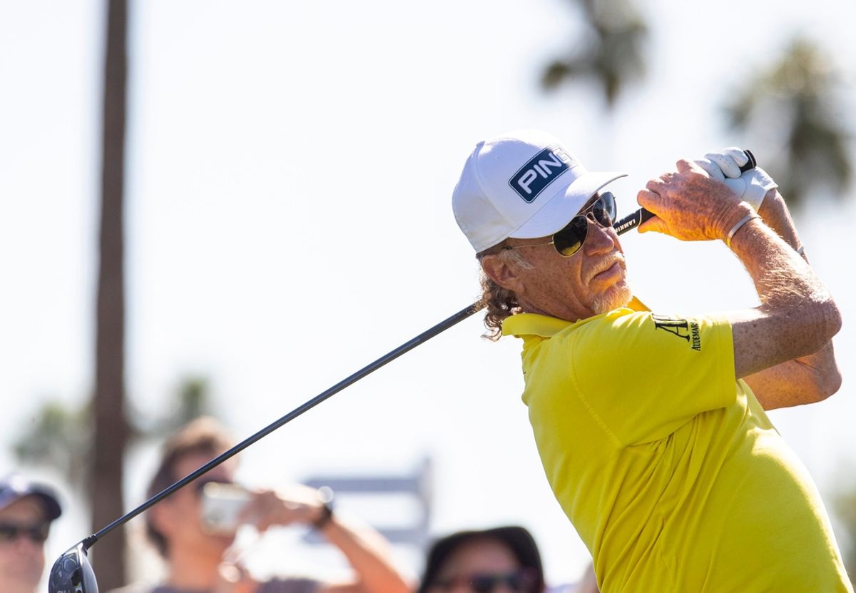 Miguel Angel Jimenez tees off on one to start the first round of The Galleri Classic at Mission Hills Country Club in Rancho Mirage, Calif., Friday, March 29, 2024.