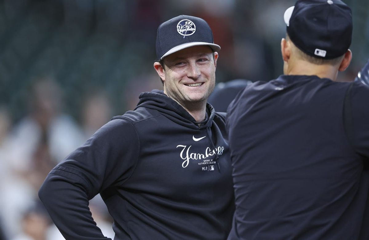Mar 29, 2024; Houston, Texas, USA; New York Yankees pitcher Gerrit Cole smiles during batting practice before the game against the Houston Astros at Minute Maid Park. Mandatory Credit: Troy Taormina-USA TODAY Sports