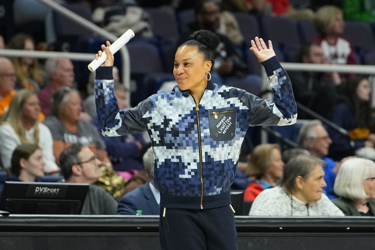 Mar 29, 2024; Albany, NY, USA; South Carolina Gamecocks head coach Dawn Staley reacts to a call during the second half against the Indiana Hoosiers in the semifinals of the Albany Regional of the 2024 NCAA Tournament at the MVP Arena. Mandatory Credit: Gregory Fisher-Imagn Images