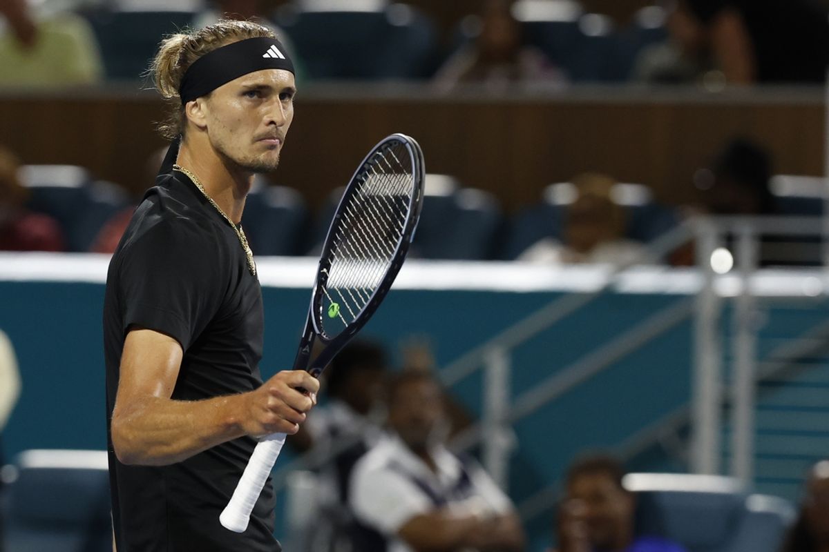 Mar 29, 2024; Miami Gardens, FL, USA; Alexander Zverev (GER) reacts after winning the second set tiebreaker against Grigor Dmitrov (BUL) (not pictured) in a men's singles semifinal of the Miami Open at Hard Rock Stadium. Mandatory Credit: Geoff Burke-USA TODAY Sports