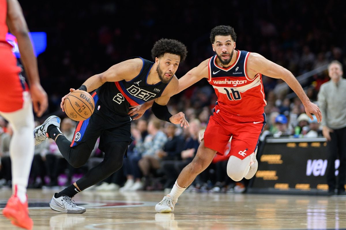 Mar 29, 2024; Washington, District of Columbia, USA; Detroit Pistons guard Cade Cunningham (2) prepares to dribble against Washington Wizards forward Anthony Gill (16) during the third quarter at Capital One Arena. Mandatory Credit: Reggie Hildred-Imagn Images