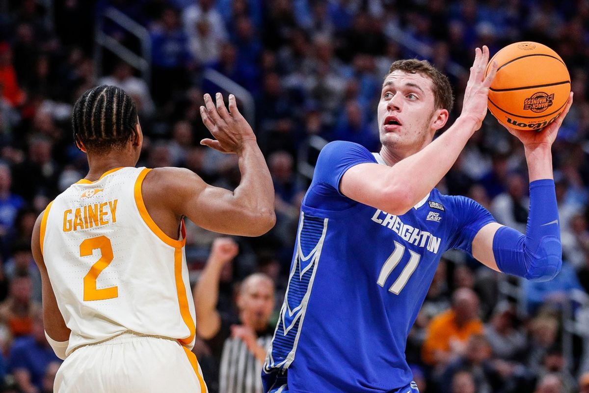 Creighton center Ryan Kalkbrenner (11) is defended by Tennessee guard Jordan Gainey (2) during the first half of the NCAA tournament Midwest Regional Sweet 16 round at Little Caesars Arena in Detroit on Friday, March 29, 2024.