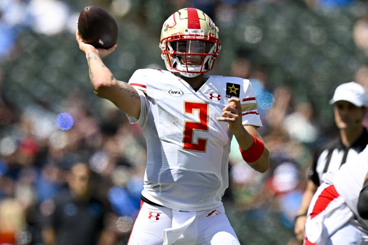 Mar 30, 2024; Arlington, TX, USA; Birmingham Stallions quarterback Matt Corral (2) drops back to pass against the Arlington Renegades during the second half at Choctaw Stadium. Mandatory Credit: Jerome Miron-Imagn Images