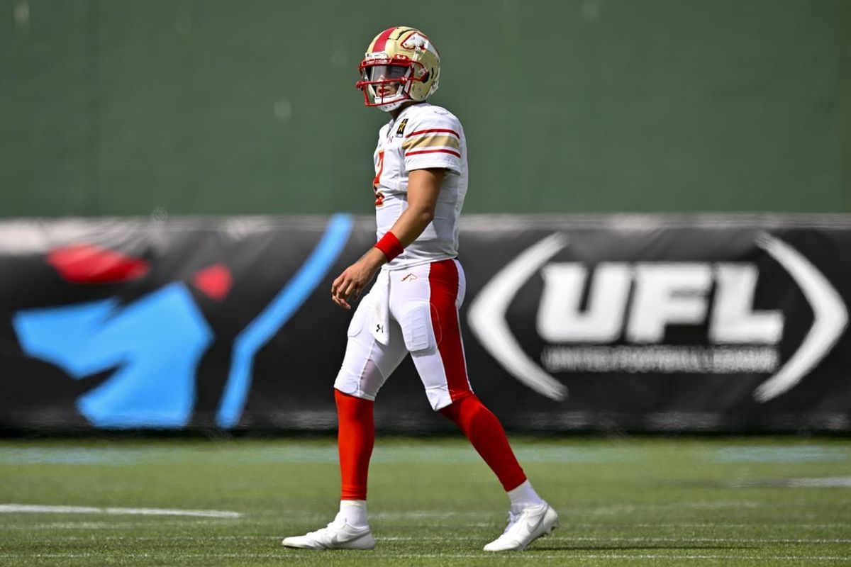 Mar 30, 2024; Arlington, TX, USA; Birmingham Stallions quarterback Matt Corral (2) walks back on to the field during the second half against the Arlington Renegades at Choctaw Stadium. Mandatory Credit: Jerome Miron-USA TODAY Sports