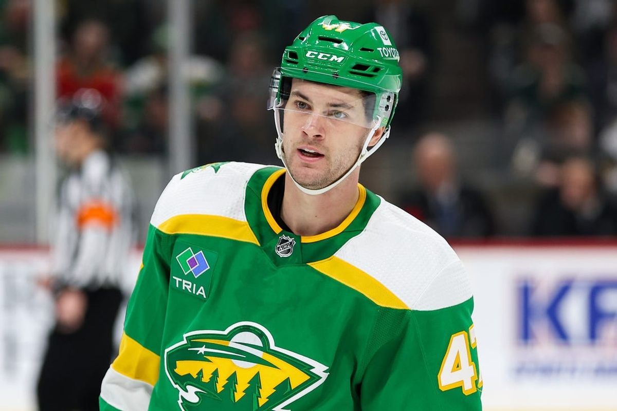 Mar 30, 2024; Saint Paul, Minnesota, USA; Minnesota Wild defenseman Declan Chisholm (47) looks on during the second period against the Vegas Golden Knights at Xcel Energy Center. Mandatory Credit: Matt Krohn-USA TODAY Sports