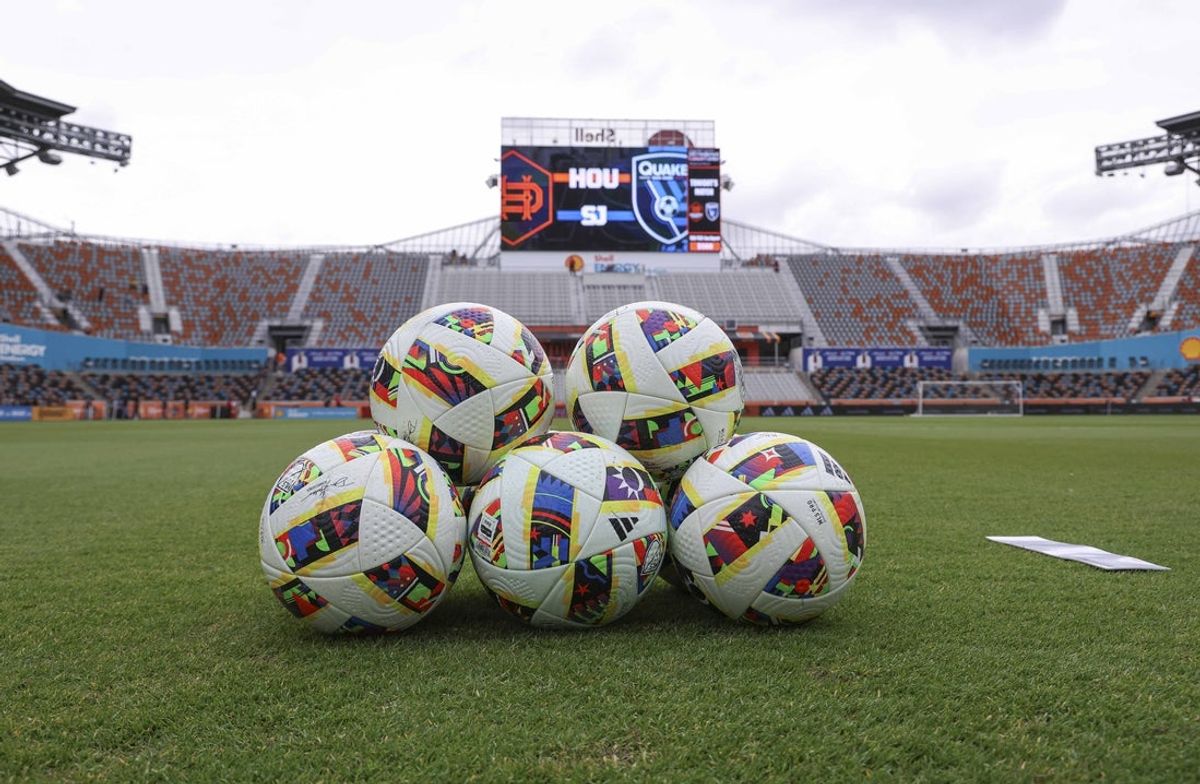 Mar 30, 2024; Houston, Texas, USA; General view of soccer balls on the field before the match between Houston Dynamo FC and the San Jose Earthquakes at Shell Energy Stadium. Mandatory Credit: Troy Taormina-Imagn Images