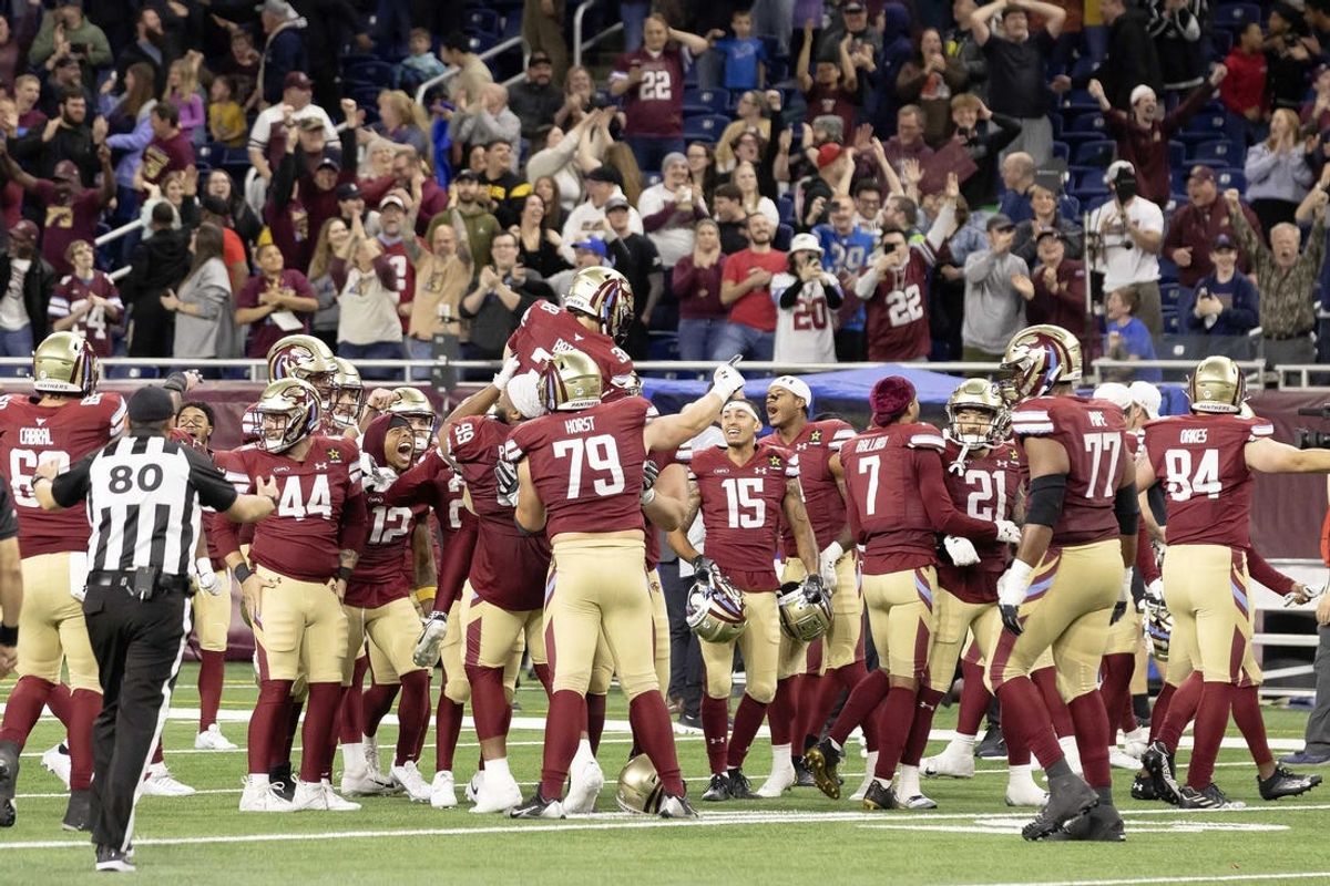 Mar 30, 2024; Detroit, MI, USA; Michigan Panthers kicker Jake Bates (38) celebrates with teammates after kicking the game winning field goal with three seconds on the clock against the St. Louis Battlehawks during the second half at Ford Field. Mandatory Credit: David Reginek-USA TODAY Sports