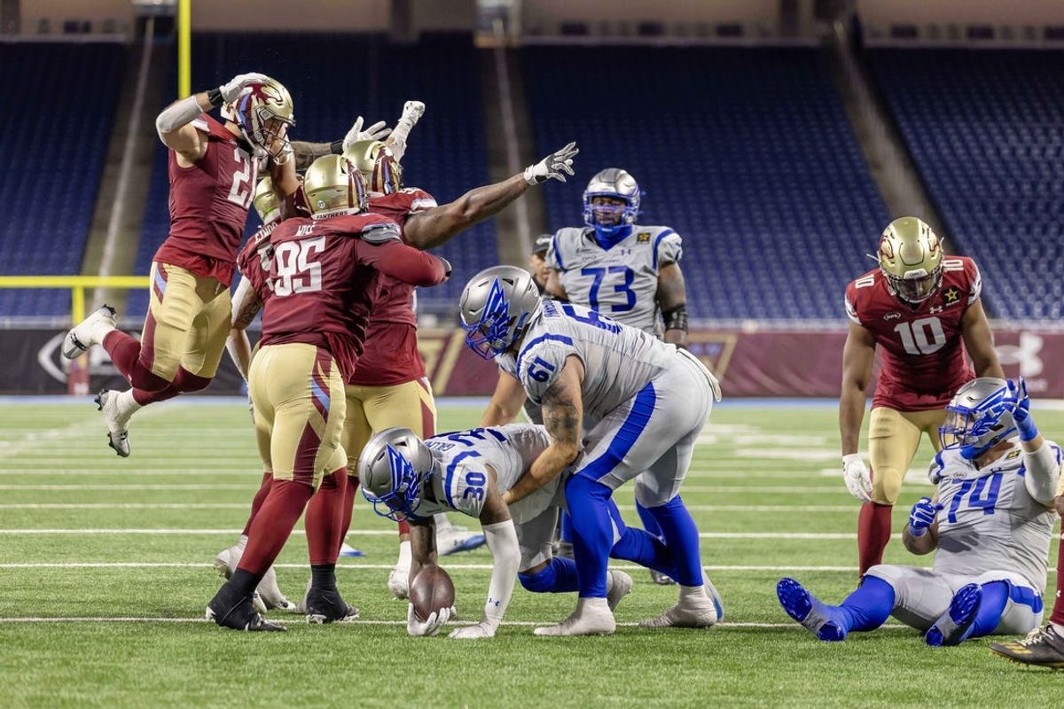 Mar 30, 2024; Detroit, MI, USA; Th Michigan Panthers defense stop a fourth down run attempt by St. Louis Battlehawks running back Wayne Gallman during the second half at Ford Field. Mandatory Credit: David Reginek-USA TODAY Sports