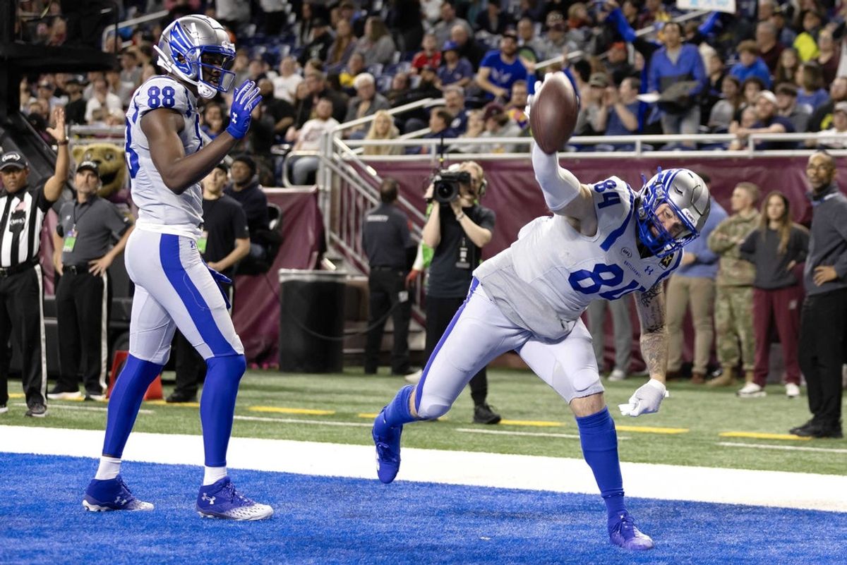 Mar 30, 2024; Detroit, MI, USA; St. Louis Battlehawks tight end Jake Sutherland celebrates a touchdown against the Michigan Panthers during the second half at Ford Field. Mandatory Credit: David Reginek-Imagn Images