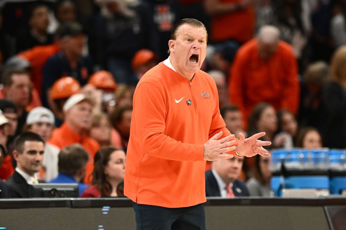 Illinois Fighting Illini head coach Brad Underwood reacts against the Connecticut Huskies in the finals of the East Regional of the 2024 NCAA Tournament at TD Garden. Mandatory Credit: Brian Fluharty-Imagn Images