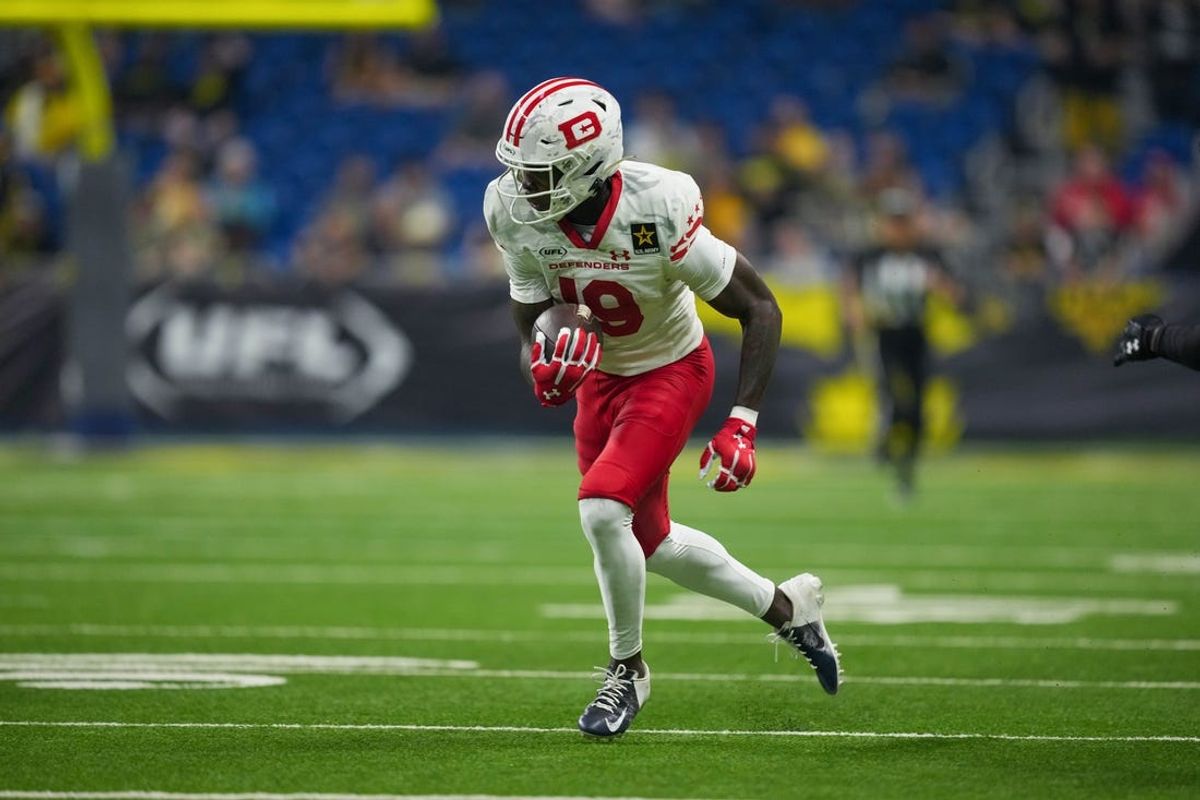 Mar 31, 2024; San Antonio, TX, USA;  DC Defenders wide receiver Ty Scott (19) runs the ball in the second half against the San Antonio Brahmas at The Alamodome. Mandatory Credit: Daniel Dunn-USA TODAY Sports