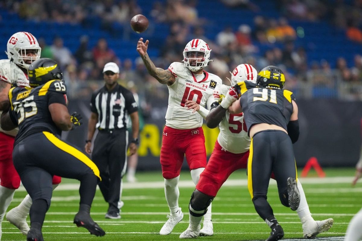 Mar 31, 2024; San Antonio, TX, USA;  DC Defenders quarterback Jordan Ta'amu (10) throws a pass in the second half against the San Antonio Brahmas at The Alamodome. Mandatory Credit: Daniel Dunn-Imagn Images