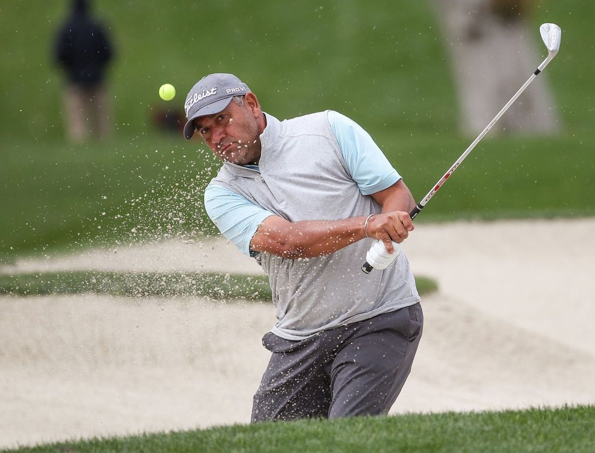 Ricardo Gonzalez hits out of a greenside bunker on the fourth hole during the final round of the Galleri Classic at Mission Hills Country Club in Rancho Mirage, Calif., March 31, 2024.
