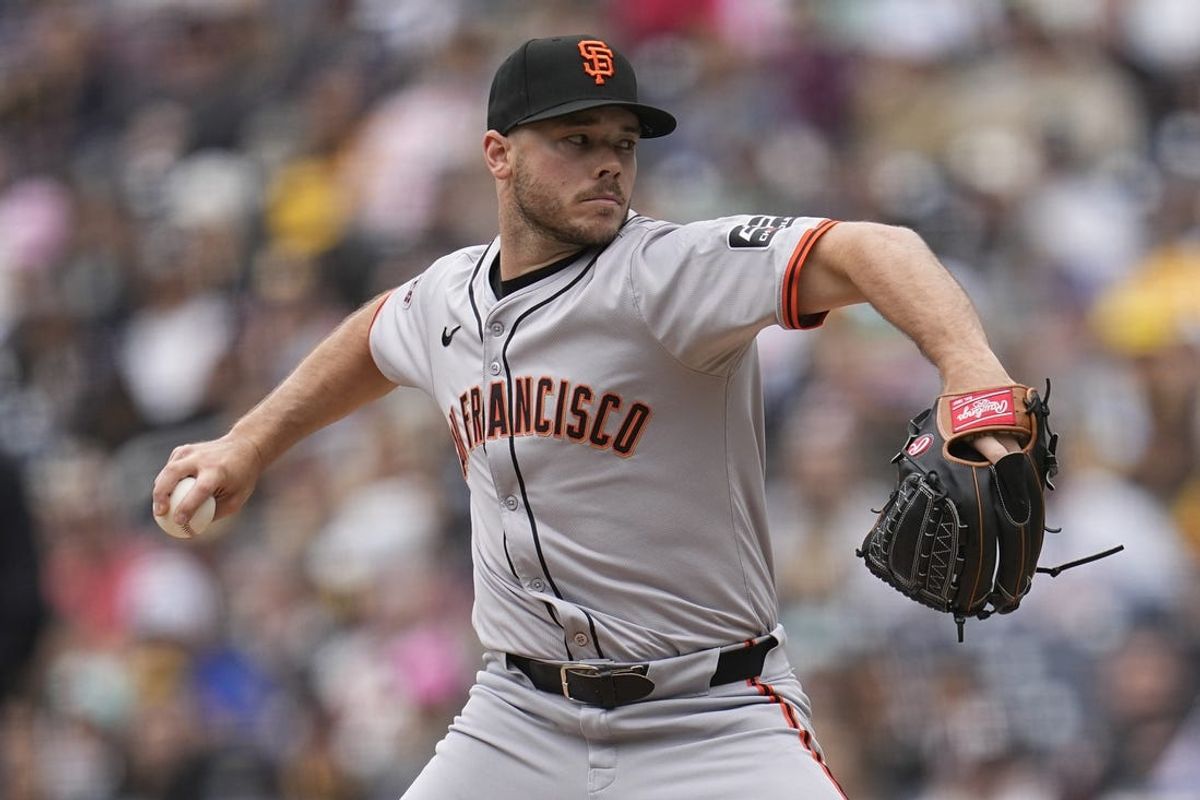 Mar 31, 2024; San Diego, California, USA; San Francisco Giants starting pitcher Daulton Jefferies (56) throws a pitch against the San Diego Padres during the first inning at Petco Park. Mandatory Credit: Ray Acevedo-USA TODAY Sports