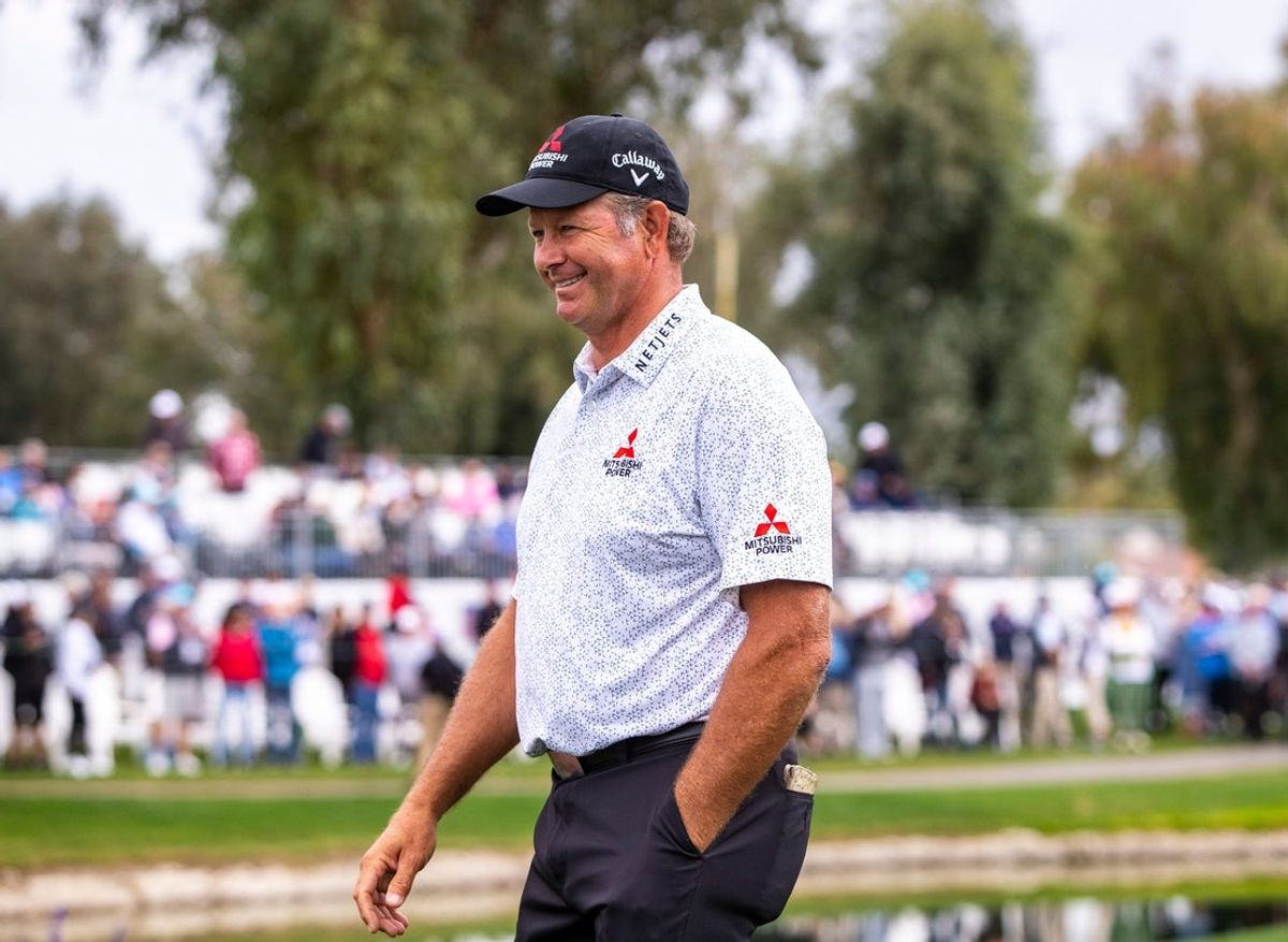 Retief Goosen smiles as he walks off the 18th green as the 2024 champion of The Galleri Classic at Mission Hills Country Club in Rancho Mirage, Calif., Sunday, March 31, 2024.