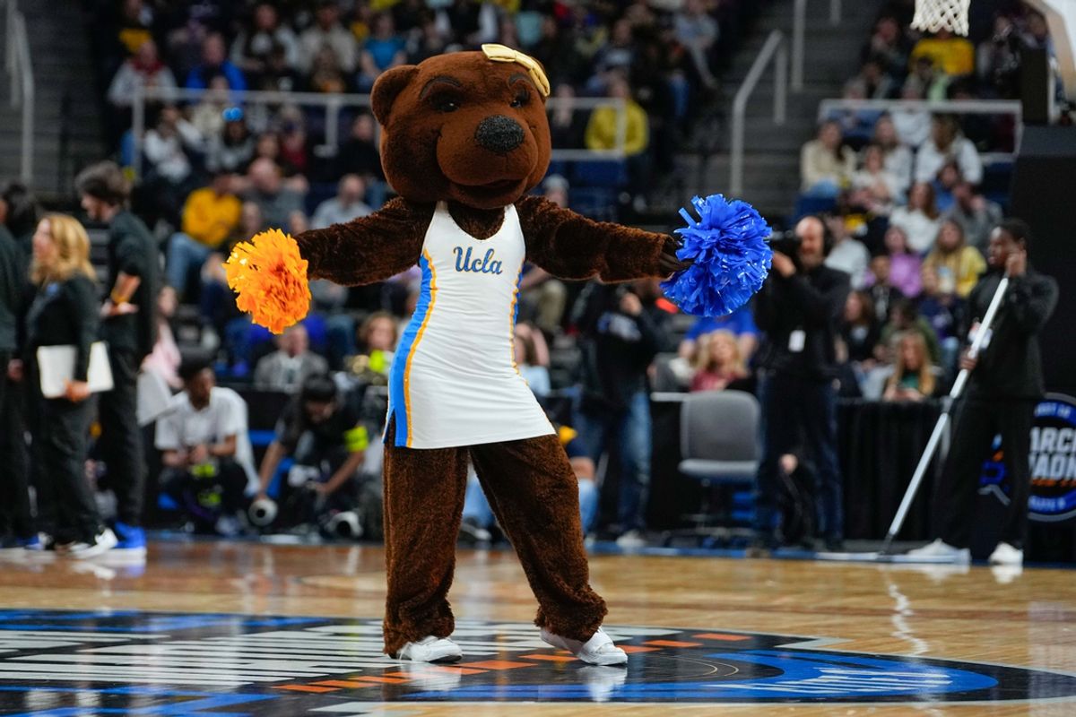 Mar 30, 2024; Albany, NY, USA; The UCLA Bruins mascot performs during the first half against the LSU Tigers in the semifinals of the Albany Regional of the 2024 NCAA Tournament at MVP Arena. Mandatory Credit: Gregory Fisher-Imagn Images