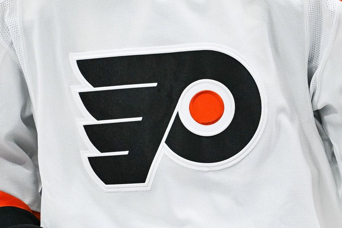 Mar 28, 2024; Montreal, Quebec, CAN; View of a Philadelphia Flyers logo on a jersey worn by a member of the team against the Montreal Canadiens during the second period at Bell Centre. Mandatory Credit: David Kirouac-Imagn Images